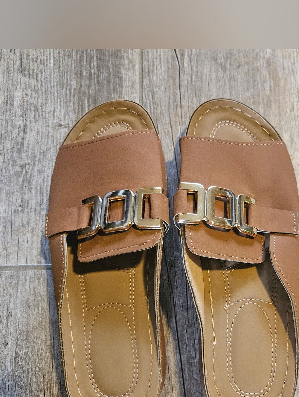 NWT Women's Tan Slide Sandals with Gold Buckle
